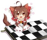  ahoge animal_ears ascot bag bow brown_eyes brown_hair cat_ears cat_tail commentary detached_sleeves fangs hair_bow hair_tubes hakurei_reimu handbag happy long_hair looking_at_viewer minigirl open_mouth red_eyes smile solo tail tosura-ayato touhou wide_sleeves 