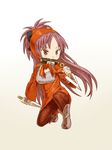  bow dual_wielding final_fantasy final_fantasy_tactics hair_bow head_scarf holding kunai long_hair mahou_shoujo_madoka_magica mouth_hold ninja_(fft) oda_takayuki pantyhose red_hair sakura_kyouko scroll simple_background solo weapon white_background 