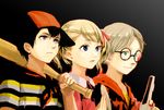  2boys ana_(mother) baseball_bat baseball_cap black_background blonde_hair blue_eyes glasses hat lloyd_(mother) mother_(game) mother_1 multiple_boys ninten sassa_(cb) shirt striped striped_shirt twintails 