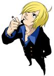  1boy 610106 blonde_hair blue_shirt cigarette facial_hair formal full_body goatee hair_over_one_eye male male_focus one_piece open_collar sanji shirt simple_background smoking solo standing suit 