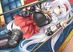  archery arrow bad_id bad_pixiv_id blush boots bow_(weapon) brown_eyes chair desk gloves hairband japanese_clothes juurouta kantai_collection kyuudou long_hair lying muneate partly_fingerless_gloves shoukaku_(kantai_collection) silver_hair single_glove skirt smile solo thigh_boots thighhighs weapon white_hair yugake 