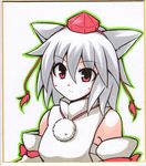  animal_ears blush_stickers calligraphy_pen_(medium) detached_sleeves hat inubashiri_momiji looking_at_viewer marker_(medium) mochizuki_ado outline red_eyes shikishi short_hair simple_background solo tokin_hat touhou traditional_media white_background white_hair wolf_ears 