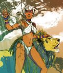  africa animal bikini blue_eyes bracelet dappled_sunlight dark_skin elena_(street_fighter) jewelry lion monkey navel neck_ring scott_webber short_hair smile solo street_fighter sunlight swimsuit white_hair 