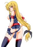  ass blonde_hair breasts cameltoe fate_testarossa from_behind gloves grin highres large_breasts long_hair looking_back low-tied_long_hair lyrical_nanoha mahou_shoujo_lyrical_nanoha_strikers open_clothes panties panty_pull red_eyes smile solo thighhighs underwear yashima_tetsuya 