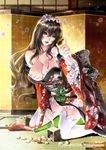  alcohol bare_shoulders black_hair breasts brown_eyes cleavage highres japanese_clothes kimono large_breasts long_hair looking_at_viewer md5_mismatch sake smile solo sumomo_kpa sweat tenka_touitsu_chronicle thighhighs white_legwear 