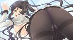  1girl against_glass areolae ass bent_over black_eyes black_hair blush bra bra_lift breast_press breasts from_behind fusataka_shikibu game_cg highres huge_breasts kugutsu_haruka legs long_hair looking_back nipples open_clothes open_mouth panties pantyhose pantyshot ponytail skirt thighs tsugou_no_ii_kazoku underwear upskirt 