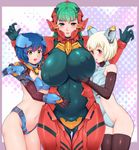  blonde_hair blue_eyes blue_leotard blush bodysuit breast_grab breasts covered_nipples embarrassed grabbing green_eyes hands_up headgear highres huge_breasts leotard mecha_musume multiple_girls navel original red_eyes skin_tight smile vuccha yellow_eyes 