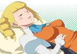  1girl bed blonde_hair blush breasts drill_hair drooling eyes_closed gundam gundam_build_fighters highres kamishakujii_(poppenheim) long_hair lying medium_breasts open_mouth pillow simple_background sleeping smile solo yajima_caroline 