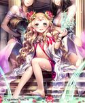  :d bare_legs bare_shoulders barefoot blonde_hair blush breasts cleavage full_body green_eyes head_out_of_frame headdress irua long_hair looking_at_viewer medium_breasts multiple_girls open_mouth petals petite pillar shingeki_no_bahamut sitting sitting_on_stairs smile soaking_feet solo_focus stairs toes water wet 