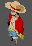  1boy 610106 denim denim_shorts full_body hat looking_at_viewer male male_focus monkey_d_luffy one_piece open_clothes open_shirt red_shirt sandals sash scar shirt shorts simple_background solo standing straw_hat 