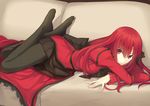  :/ black_legwear breasts couch dress hair_ribbon kauto kushia_microphylla long_hair looking_at_viewer lying medium_breasts no_shoes on_stomach original pantyhose pleated_skirt red_dress red_eyes red_hair ribbon skirt solo 