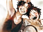  2boys brother brothers copyright_name east_blue hat headwear_removed male male_focus monkey_d_luffy monochrome multiple_boys one_piece portgas_d_ace shueisha siblings smile straw_hat tank_top tsuyomaru 