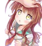  ahoge blush brown_hair close-up kakao_rantan kantai_collection kuma_(kantai_collection) long_hair looking_up open_mouth out_of_frame petting solo_focus yellow_eyes 