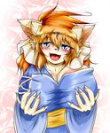  5_fingers big_breasts black_nose blue_eyes blush breast_grab breasts cat claws clothing eyebrows eyelashes feline female geiru_mirua hair half-closed_eyes japanese_clothing jewelry kimono looking_at_viewer mammal open_mouth orange_hair plain plain_background solo teeth tongue 