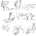  black_and_white canine clothed clothing comic disney duo english_text female fox iji judy_hopps lagomorph male mammal monochrome nick_wilde rabbit simple_background sketch text topless white_background zootopia 