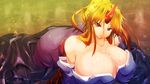  all_fours alternate_hairstyle bare_shoulders blonde_hair breasts cleavage demon_girl endou_tatsumi horn hoshiguma_yuugi huge_breasts japanese_clothes leaf long_hair ponytail red_eyes solo touhou water 