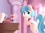 blue_eyes blue_hair coco_pommel_(mlp) cup curtains cutie_mark equine fabric female flower frankier77 friendship_is_magic hair horse mammal my_little_pony pony scarf solo standing string table two_tone_hair window 