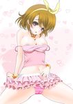  areolae arm_support blush bracelet breasts brown_hair cameltoe choker covered_nipples frapowa frilled_skirt frills hair_ribbon jewelry koizumi_hanayo large_breasts love_live! love_live!_school_idol_project midriff miniskirt natsuiro_egao_de_1_2_jump! navel panties purple_eyes ribbon shirt_pull short_hair sitting skirt solo strap_slip striped striped_panties tank_top underwear 