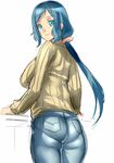 ass bad_id bad_pixiv_id breasts denim dodai_shouji gundam gundam_build_fighters iori_rinko jeans large_breasts looking_at_viewer looking_back pants pantylines ribbed_sweater simple_background smile solo sweater turtleneck white_background 