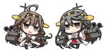  ahoge angeltype black_eyes black_hair blush_stickers boots brown_eyes brown_hair chibi detached_sleeves hairband haruna_(kantai_collection) japanese_clothes kantai_collection kongou_(kantai_collection) long_hair machinery multiple_girls nontraditional_miko open_mouth smile thigh_boots thighhighs turret wide_sleeves 