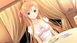  1girl absurdres bare_shoulders blush bow bowtie breasts brown_eyes cleavage curtains dish dress food fork fusataka_shikibu game_cg hair_ribbon highres jewelry large_breasts long_hair looking_at_viewer necklace orange_hair ribbon sitting solo soup table tsugou_no_ii_kazoku 