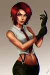  adjusting_clothes adjusting_gloves black_gloves brown_eyes crop_top eyelashes freckles gloves highres lips mature midriff navel necktie nose pants red_hair sleeveless solo suspenders the_king_of_fighters vanessa_(king_of_fighters) victor_lozada 