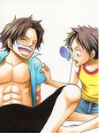  2boys brother brothers butterfly east_blue indian_style kara_(acluf-0156) male male_focus monkey_d_luffy multiple_boys one_piece open_clothes open_shirt portgas_d_ace shirt shueisha siblings sitting smile tank_top younger 
