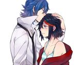  1boy 1girl age_difference bad_id bad_pixiv_id bare_shoulders black_hair blue_eyes blue_hair bra breasts cleavage commentary_request crying crying_with_eyes_open height_difference hetero highres kill_la_kill kiss kissing_forehead kokeshi_1101 matoi_ryuuko medium_breasts mikisugi_aikurou multicolored_hair necktie popped_collar shirt short_hair streaked_hair striped_bra striped_clothes tears towel underwear 