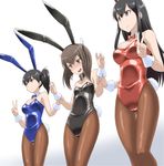  akagi_(kantai_collection) alternate_costume animal_ears black_eyes black_hair blue_eyes blush bow bowtie brown_eyes brown_hair bunny_ears bunny_tail bunnysuit detached_collar double_v headband iwatobi_hiro kaga_(kantai_collection) kantai_collection long_hair multiple_girls open_mouth pantyhose short_hair side_ponytail simple_background taihou_(kantai_collection) tail v wrist_cuffs 