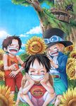  3boys brothers east_blue flower hat highres jolly_roger kara_(acluf-0156) laugh laughing male male_focus monkey_d_luffy multiple_boys one_piece portgas_d_ace sabo sabo_(one_piece) siblings smile straw_hat strawhat sunflower tank_top tree tree_house trio younger 