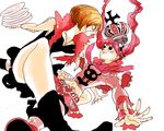  2girls black_dress black_shoes blonde_hair boa boots crown dress feather_boa female long_sleeves multiple_girls one_piece pantyhose patterned_legwear perona pink_hair plate red_shoes shoes skirt stitching striped striped_legwear thriller_bark twintails victoria_cindry zombie 