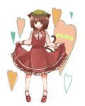  animal_ears bad_id bad_pixiv_id brown_eyes brown_hair cat_ears cat_tail chen hat heart kame lowres multiple_tails nekomata skirt skirt_lift solo tail touhou two_tails 