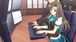  1girl black_eyes black_hair breasts brown_hair chair computer computer_mouse fusataka_shikibu game_cg highres keyboard large_breasts long_hair looking_away mouse school_uniform short_hair sitting skirt smile standing table tsugou_no_ii_kazoku typing 