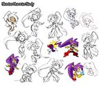  1girl ^_^ all_fours bandana breasts cleavage closed_eyes dark_skin egg full_body hand_on_hip long_hair looking_at_viewer medium_breasts navel official_art one_eye_closed partially_colored pointy_ears ponytail purple_hair shantae:_half-genie_hero shantae_(character) shantae_(series) simple_background sitting sketch standing sword tinkerbat weapon white_background x_x 