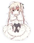  bad_id bad_pixiv_id black_eyes dress frills hair_ribbon highres kasugano_sora long_hair looking_at_viewer parted_lips ribbon rotcevelocity shawl silver_hair simple_background sitting solo stuffed_animal stuffed_bunny stuffed_toy twintails very_long_hair white_background yosuga_no_sora 