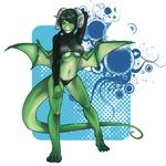  abstract_background anthro breasts clothed clothing dragon female green_eyes green_hair hair harag long_hair looking_at_viewer navel panties pose skimpy solo tight_clothing under_boob underwear wings 