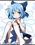  blue_dress blue_eyes blue_hair bow cirno do_(4-rt) dress fingers_together hair_bow highres ice ice_wings letterboxed looking_at_viewer md5_mismatch open_mouth puffy_sleeves shirt short_sleeves sitting solo tears touhou wings 