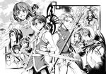  6+boys between_fingers circlet clenched_teeth culgan dual_wielding eilie everyone flik gensou_suikoden gensou_suikoden_ii greyscale hairband headband holding jillia_blight jowy_atreides-blight long_hair luca_blight lucia_(suikoden) monochrome multiple_boys multiple_girls nanami_(suikoden) riou scarf seed_(suikoden) short_hair shu_(suikoden) staff teeth tonfa true_rune viktor wataringo weapon whip 