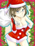  alternate_costume blue_eyes breasts brown_hair cleavage fingerless_gloves glasses gloves hand_on_hip hat jewelry kachirou kantai_collection kirishima_(kantai_collection) looking_at_viewer medium_breasts necklace red_gloves santa_costume santa_hat smile solo 
