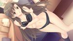  1girl bare_shoulders black_bra black_eyes blush bra breast_hold breasts brown_hair cleavage collarbone couch dutch_angle female fusataka_shikibu game_cg hair_between_eyes hair_ornament hairclip highres hips indoors knees_together_feet_apart lace lace-trimmed_bra large_breasts legs lingerie long_hair looking_at_viewer navel open_mouth panties pillow plant potted_plant shiny shiny_skin socks solo standing striped striped_bra striped_panties thighs tsugou_no_ii_kazoku underwear underwear_only 