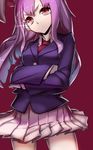  animal_ears blazer bunny_ears crossed_arms frown head_tilt jacket long_hair necktie pleated_skirt purple_hair red_background red_eyes reisen_udongein_inaba simple_background skirt slit_pupils solo sparkle thupoppo touhou 