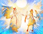  angel angel_wings bad_deviantart_id bad_id bare_back bow dizmathik dress feathered_wings flandre_scarlet full_body gengetsu hair_bow multiple_girls outstretched_hand red_footwear shoes short_hair standing sun tattoo touching touhou touhou_(pc-98) wings 