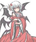  alternate_hairstyle bad_id bad_pixiv_id demon_wings dress hair_bobbles hair_ornament hair_up multiple_wings no_nose red_dress red_eyes satorichan shinki side_ponytail slit_pupils solo touhou touhou_(pc-98) white_background wide_sleeves wings 