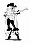  1girl binarypen boots cavendish dressrosa eyes_closed female flower genderswap greyscale hakuba hakuba_(one_piece) hand_on_hip hat long_hair monochrome one_piece open_mouth rose solo standing 