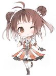  antenna_hair brown_eyes brown_hair chibi double_bun gloves idol kantai_collection kotatu_(akaki01aoki00) microphone naka_(kantai_collection) one_eye_closed open_mouth school_uniform serafuku short_hair skirt smile solo 