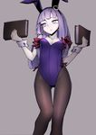  animal_ears book bow bunny_ears bunnysuit crescent fake_animal_ears grey_background hair_bow looking_away pale_skin pantyhose patchouli_knowledge purple_eyes purple_hair simple_background thigh_gap thupoppo touhou wrist_cuffs 