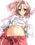  belly blush brown_eyes brown_hair fujieda_uzuki groin hachimaki hair_ribbon headband highres japanese_clothes kantai_collection long_hair looking_at_viewer navel open_mouth ponytail ribbon shirt_lift solo zuihou_(kantai_collection) 