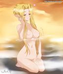  bad_id bad_pixiv_id barefoot blonde_hair bouncing_breasts breasts closed_eyes dated elf fierte full_body ginko_(silver_fox) gradient gradient_background hair_bun hair_up hand_on_thigh heart large_breasts light_smile long_hair long_pointy_ears motion_lines navel nipples nude onsen partially_submerged pointy_ears pussy seiza sidelocks sitting slender_waist smile solo spoken_heart translation_request uncensored water watermark web_address wide_hips z/x 