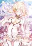  ahoge bad_id bad_pixiv_id belt blonde_hair bodysuit breasts cleavage fate/extra fate/extra_ccc fate_(series) green_eyes large_breasts lock maxwell_manzoku nero_claudius_(bride)_(fate) nero_claudius_(fate)_(all) padlock solo studded_belt veil white_bodysuit 