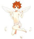  angel_wings barefoot boxers brown_eyes brown_hair feathers full_body katekyo_hitman_reborn! male_focus male_underwear sawada_tsunayoshi shirtless smile underwear wings 